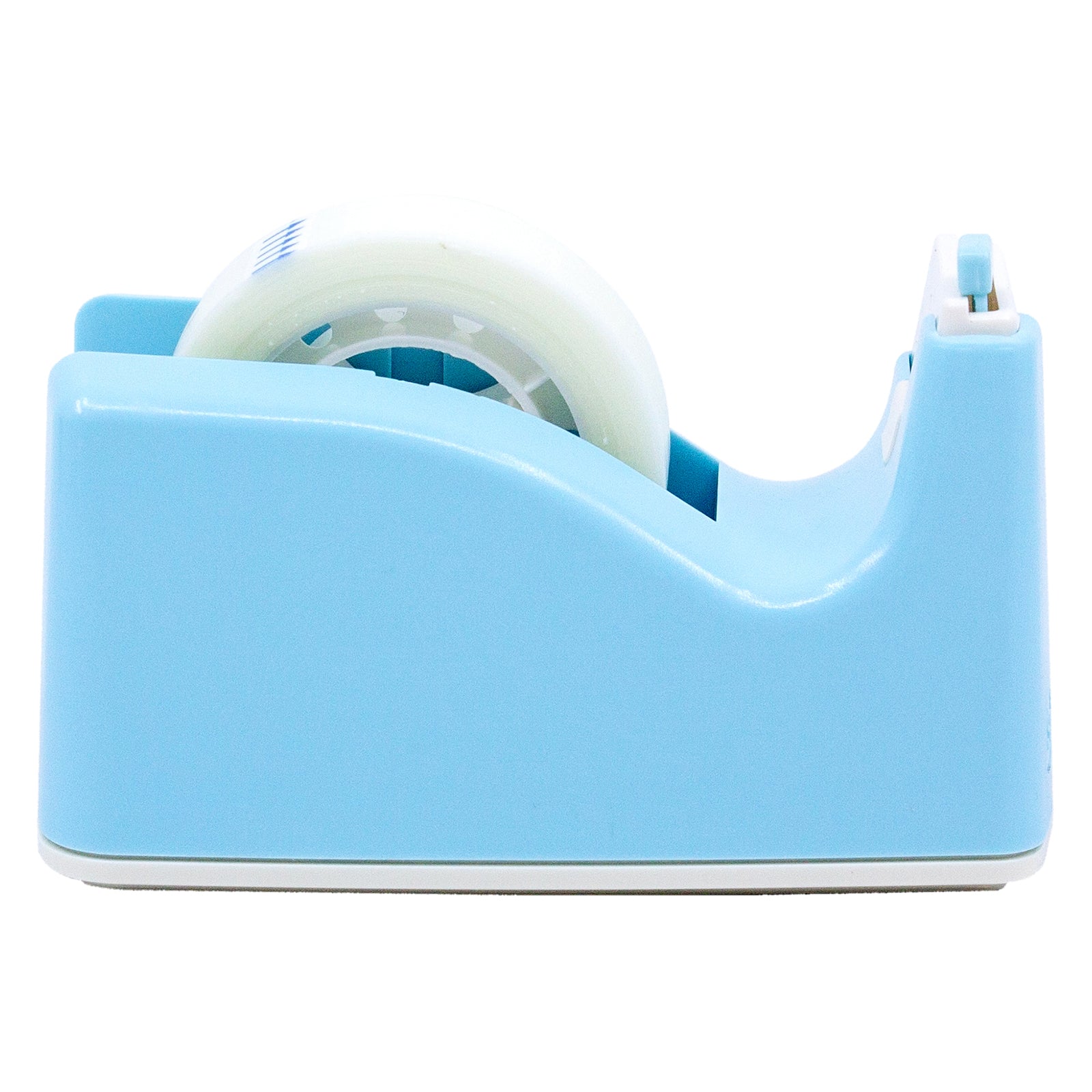 Full side view of the pastel blue Sellotape Safety Tape Dispenser on a white background, showcasing its slim profile, integrated tape roll and stable base for easy product identification.