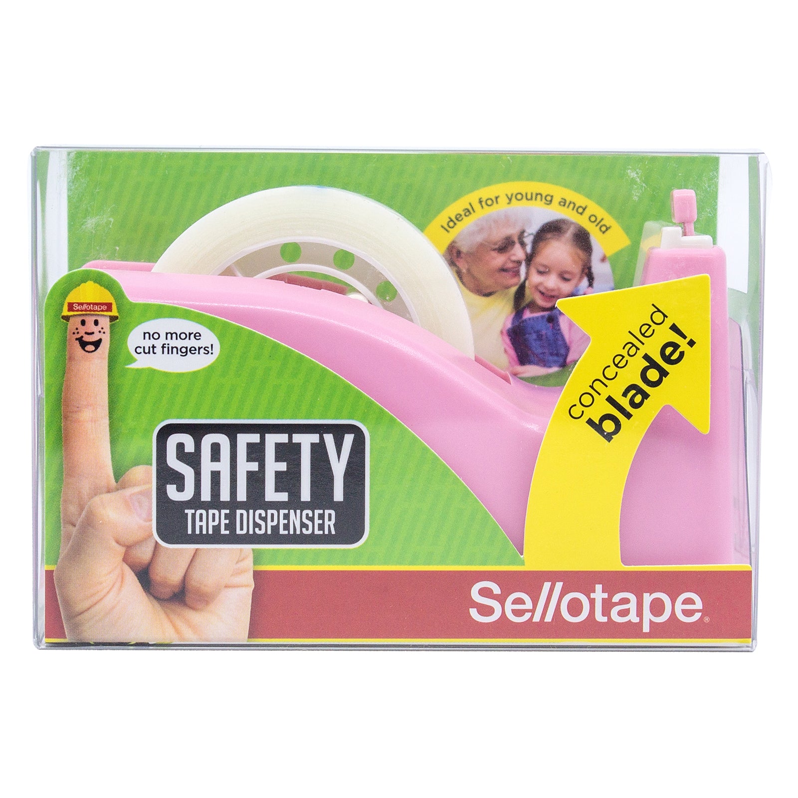 Front view of the packaged Sellotape Safety Tape Dispenser with prominent safety graphics, concealed blade information and Sellotape branding, presenting the retail packaging exactly as customers would receive it.