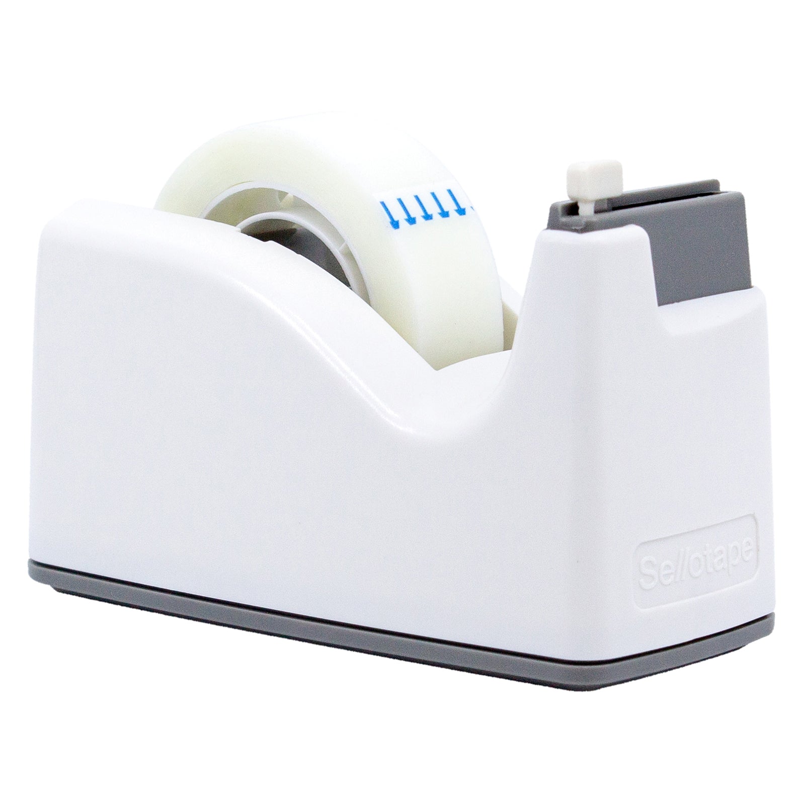 Three quarter product view of the pastel white Sellotape Safety Tape Dispenser isolated on a white background, highlighting the smooth curved housing, integrated tape roll and concealed blade from an attractive retail perspective.