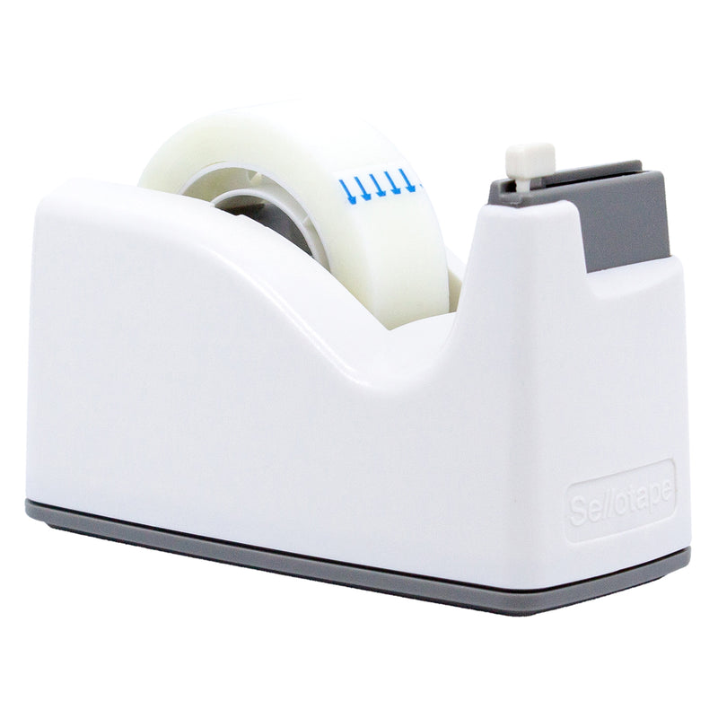 Three quarter product view of the pastel white Sellotape Safety Tape Dispenser isolated on a white background, highlighting the smooth curved housing, integrated tape roll and concealed blade from an attractive retail perspective.