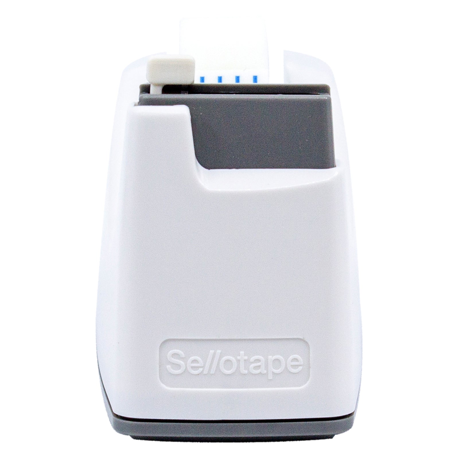 Front close up of the Sellotape Safety Tape Dispenser against a white background, clearly showing the concealed cutting mechanism, minimalist white finish and embossed Sellotape branding for accurate product identification.