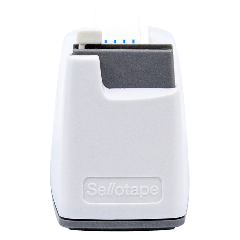 Front close up of the Sellotape Safety Tape Dispenser against a white background, clearly showing the concealed cutting mechanism, minimalist white finish and embossed Sellotape branding for accurate product identification.