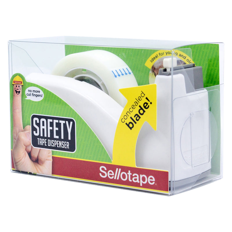 Angled retail packaging image featuring the pastel white Sellotape Safety Tape Dispenser inside its clear presentation box. The packaging highlights the concealed blade feature, safety messaging and included invisible tape.