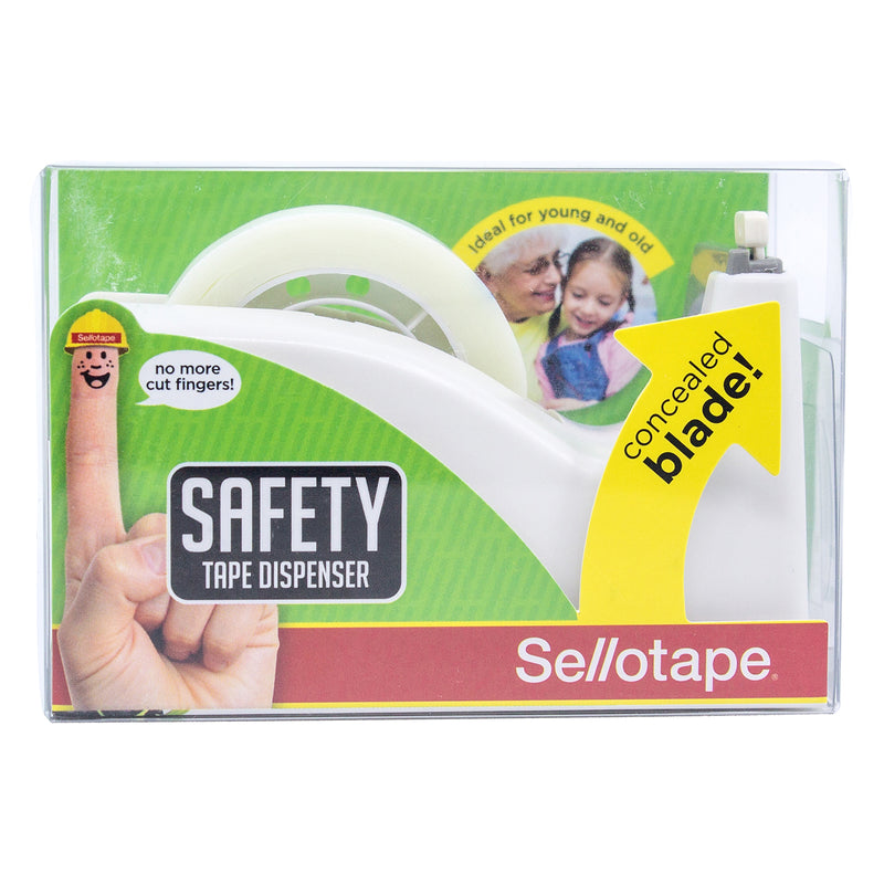 Front view of the packaged Sellotape Safety Tape Dispenser displaying the safety branding, concealed blade information and Sellotape logo as presented in retail packaging.