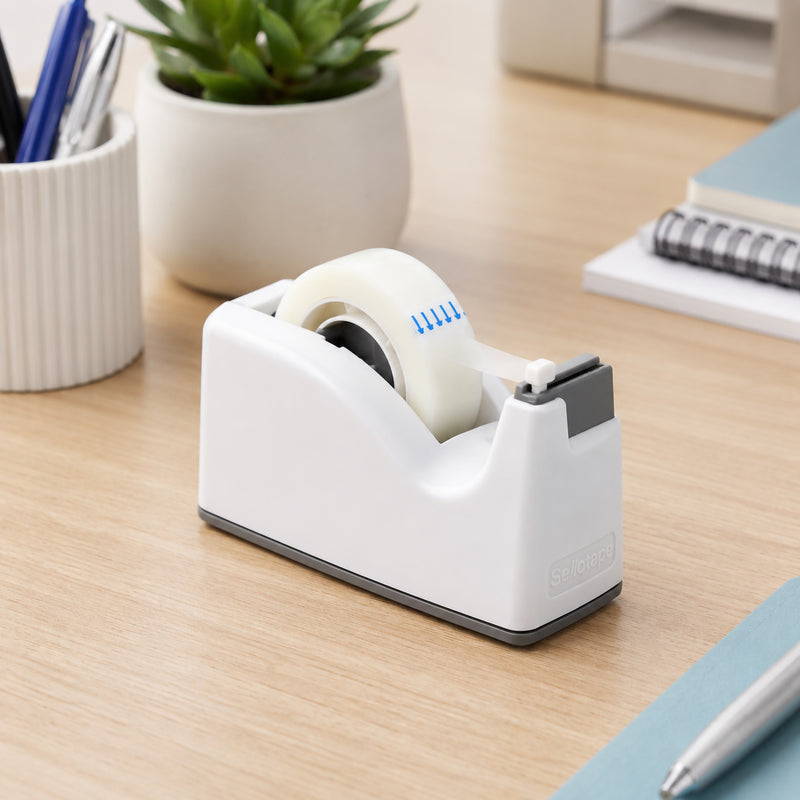 Angled lifestyle image of the pastel white Sellotape Safety Tape Dispenser displayed on a neat desktop with notebooks, a pen holder and a small indoor plant. The elegant white finish complements contemporary workspaces while highlighting the dispenser's compact design.