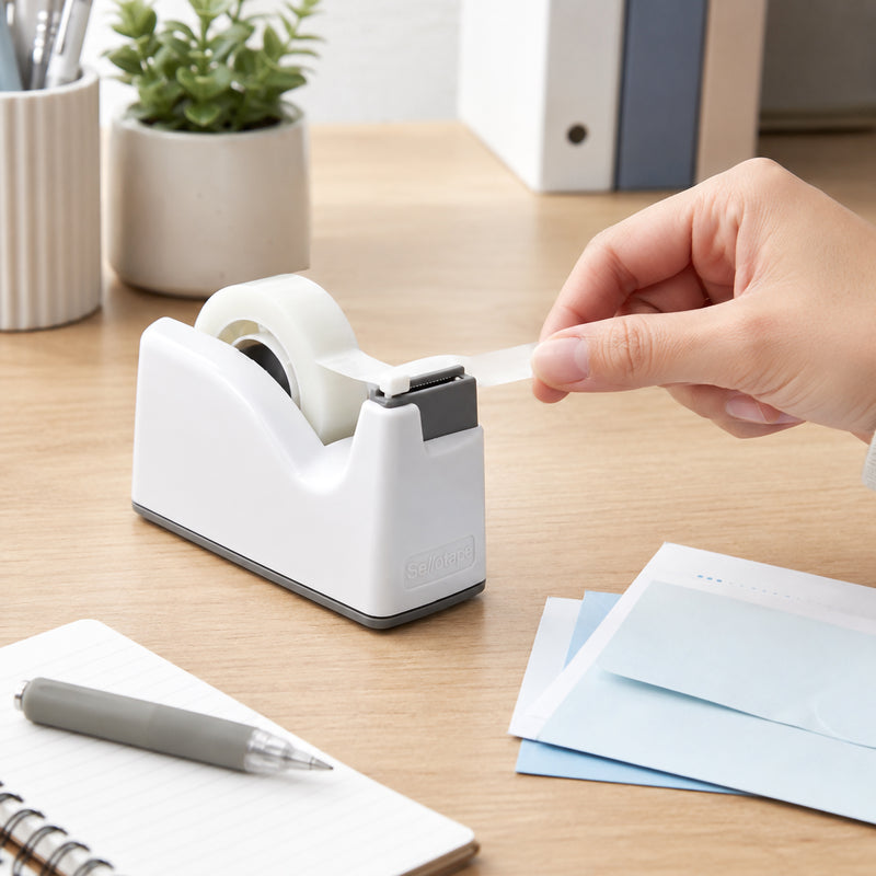 A hand dispenses invisible tape from the pastel white Sellotape Safety Tape Dispenser on a modern wooden desk beside envelopes, a notebook and stationery. The image demonstrates the concealed blade, stable base and smooth tape dispensing during everyday office use.