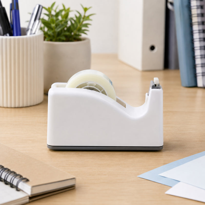 Side profile of the pastel white Sellotape Safety Tape Dispenser positioned on a tidy office desk surrounded by stationery and filing folders. The image showcases the compact footprint, concealed blade and premium invisible tape roll from a clean working angle.