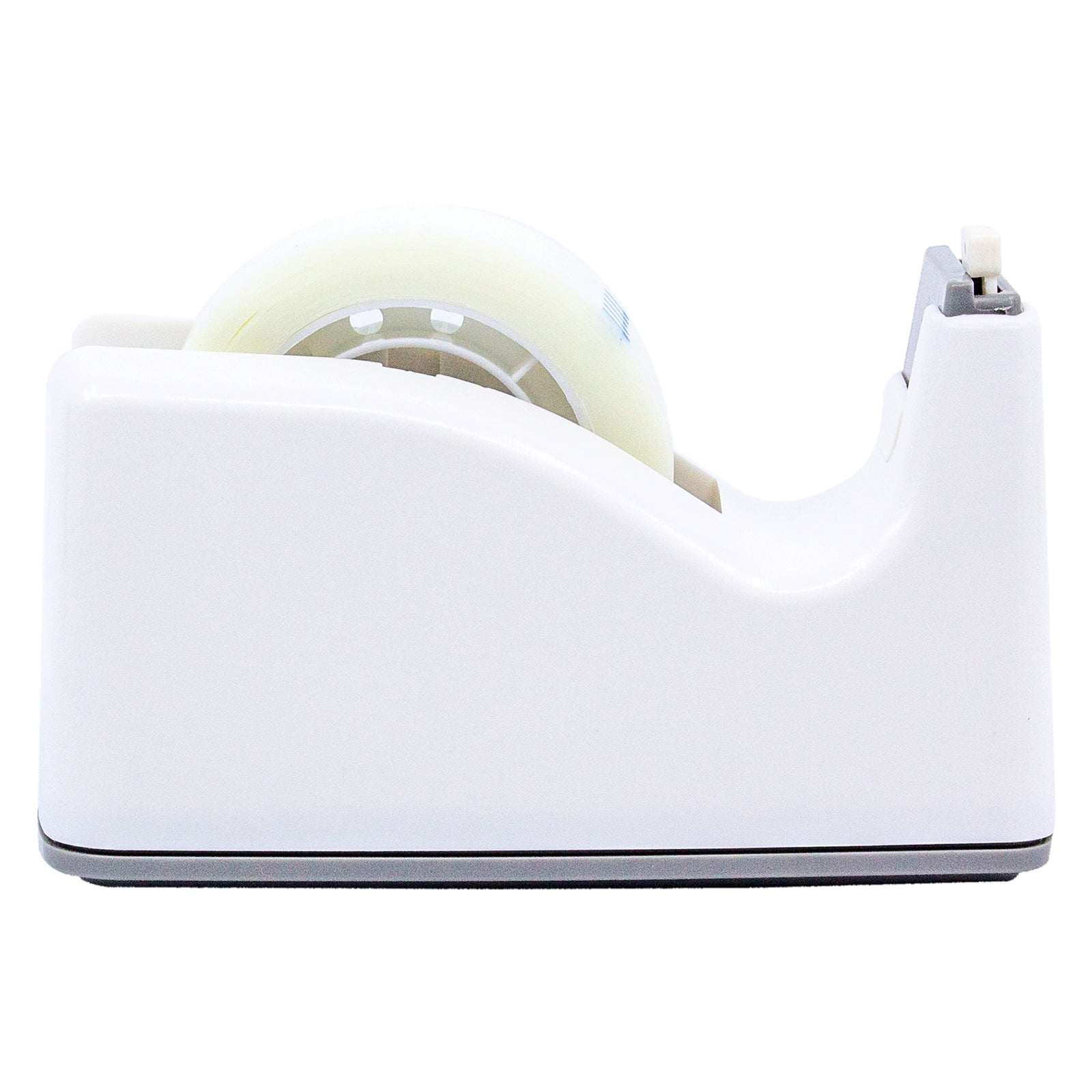 Full side view of the pastel white Sellotape Safety Tape Dispenser against a white background, emphasising its slim profile, stable base and compact desktop design suitable for everyday office use.