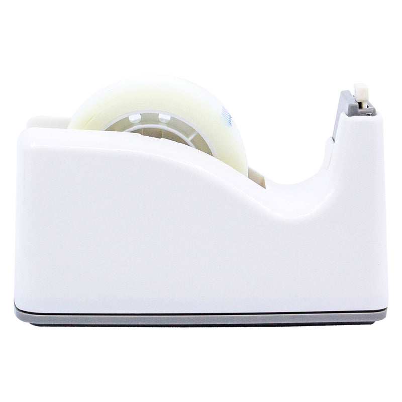 Full side view of the pastel white Sellotape Safety Tape Dispenser against a white background, emphasising its slim profile, stable base and compact desktop design suitable for everyday office use.