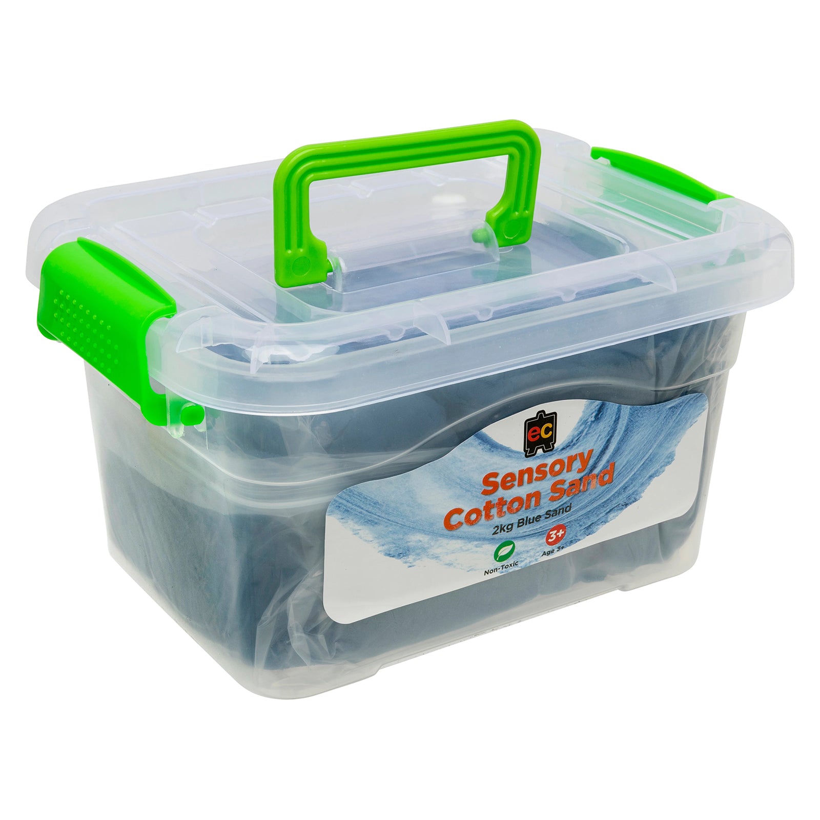 Angled side view of the blue sensory cotton sand tub displaying the durable reusable container and portable carry handle for easy transport and storage.