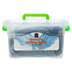 Front facing view of the Educational Colours Sensory Cotton Sand 2kg Blue tub featuring non toxic sensory sand for fine motor development and imaginative play.
