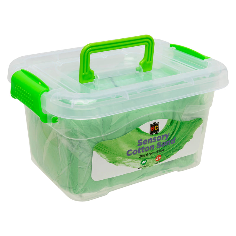 Angled side view of the green sensory cotton sand storage tub highlighting the durable reusable container and easy carry handle for portable sensory play.
