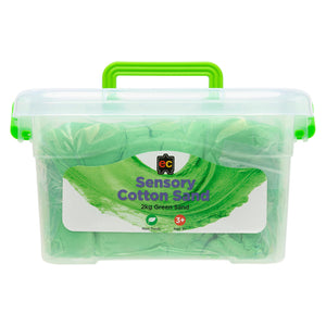 Front view of the Educational Colours Sensory Cotton Sand 2kg Green tub displaying the non toxic sensory play compound designed for fine motor and tactile learning experiences.