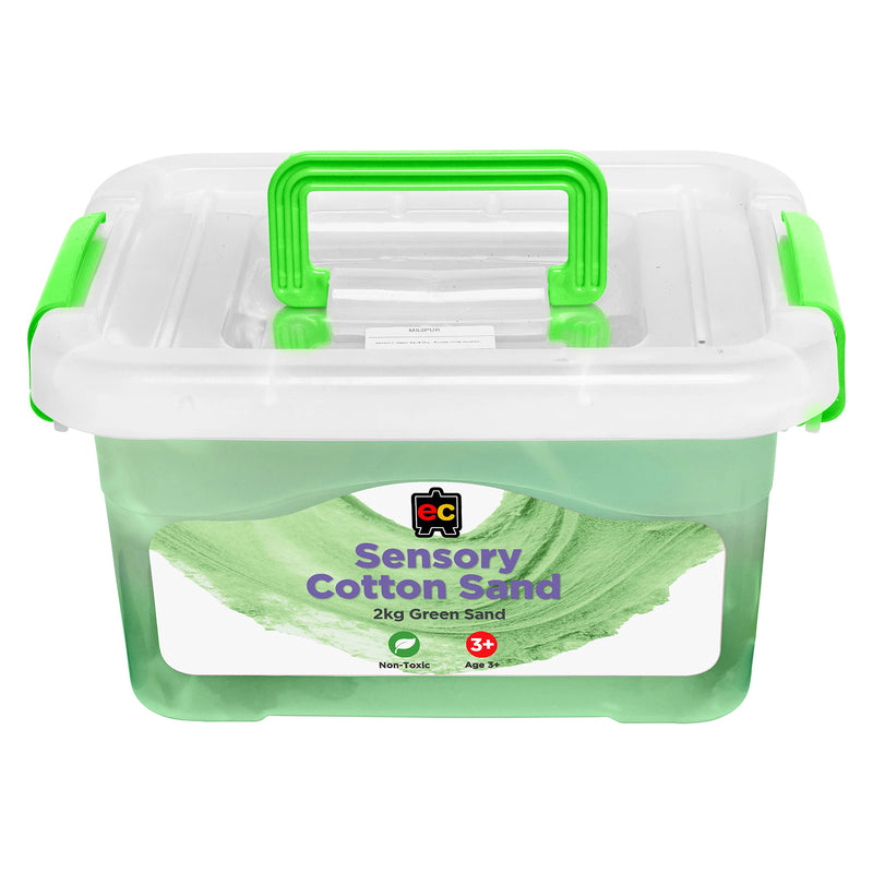 Educational Colours Sensory Cotton Sand 2kg Green supplied in a reusable plastic storage tub with secure lid and carry handle for classroom and home sensory activities.
