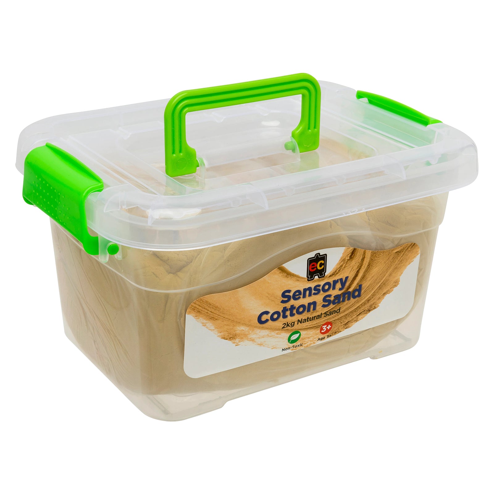 Angled side perspective of the natural sensory cotton sand tub highlighting the portable storage container and mouldable sensory material inside.