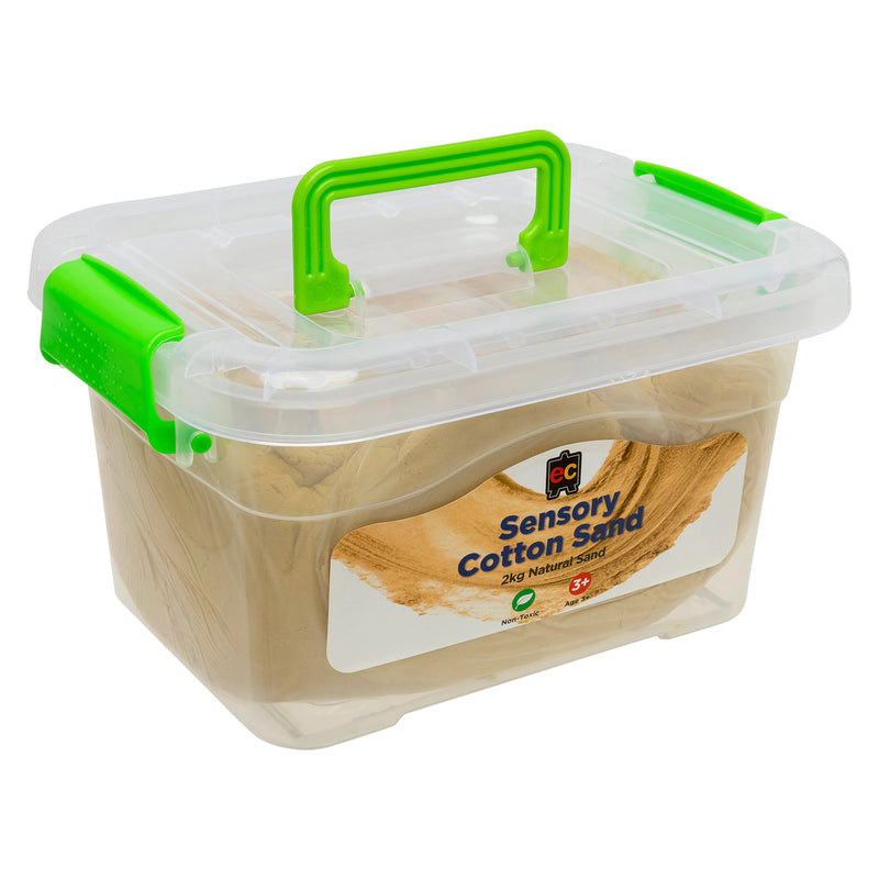 Angled side perspective of the natural sensory cotton sand tub highlighting the portable storage container and mouldable sensory material inside.