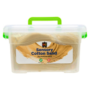 Front facing reusable tub of Educational Colours Sensory Cotton Sand 2kg Natural featuring non toxic tactile sensory material for fine motor development and imaginative learning.