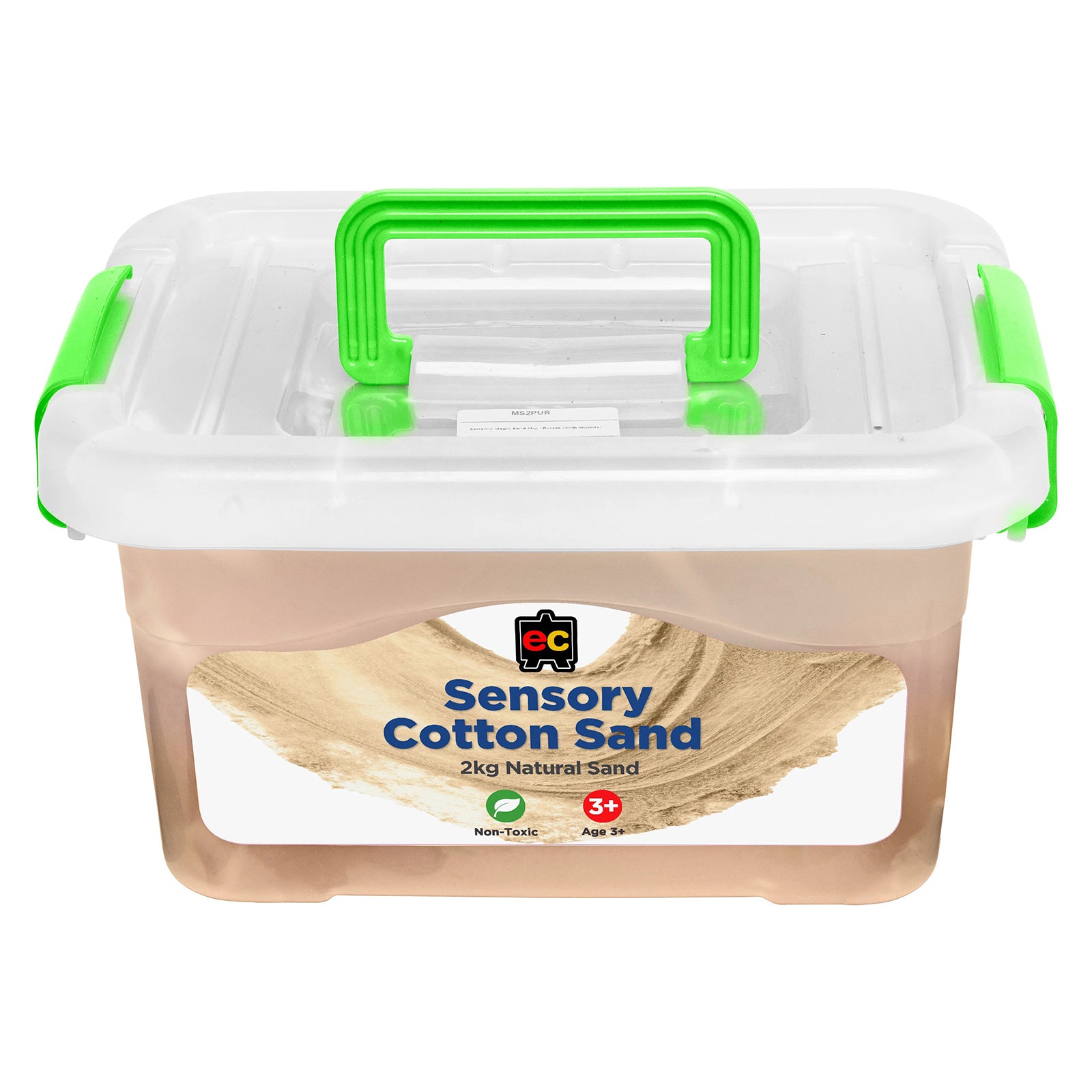 Front view of Educational Colours Sensory Cotton Sand 2kg Natural supplied in a reusable storage tub with secure lid and carry handle for classroom and home use.