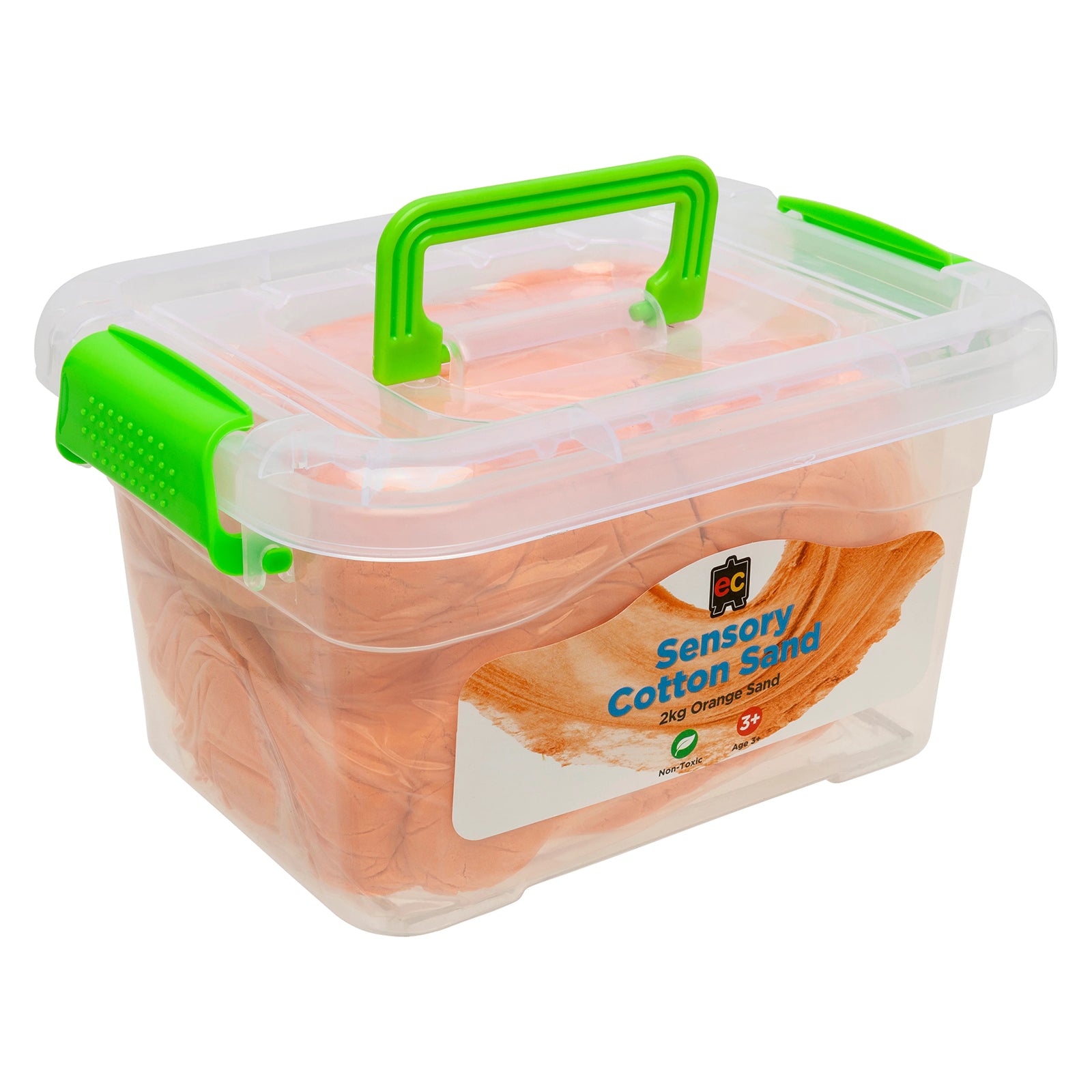 Angled side perspective of the orange sensory cotton sand tub highlighting the reusable container and soft textured sensory material inside.
