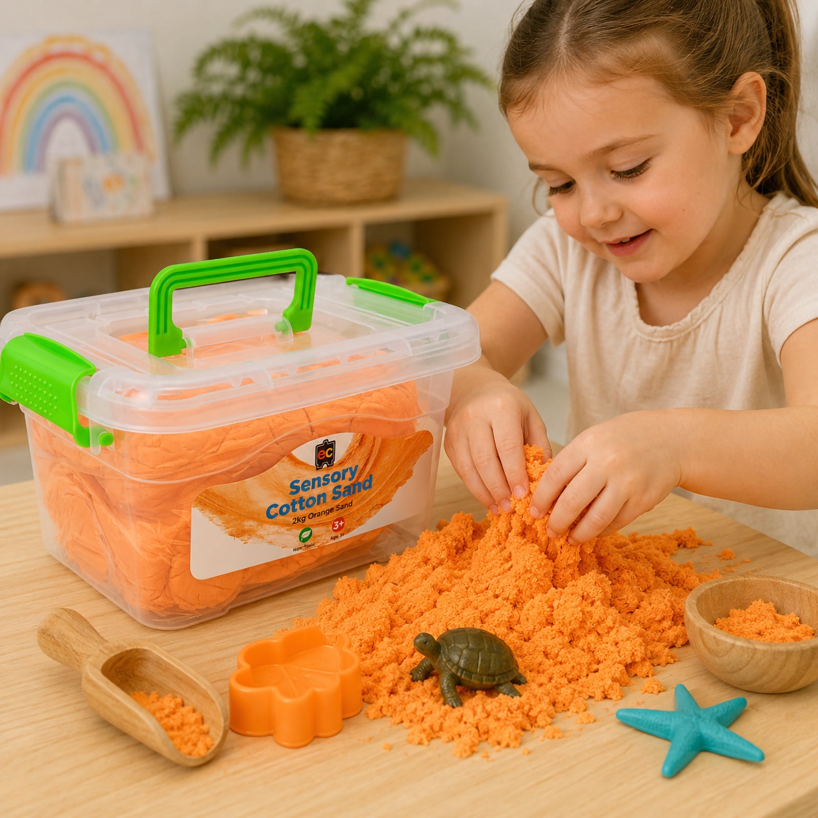 Young child enjoying hands on sensory exploration with vibrant orange cotton sand alongside classroom accessories and reusable storage container in learning environment.
