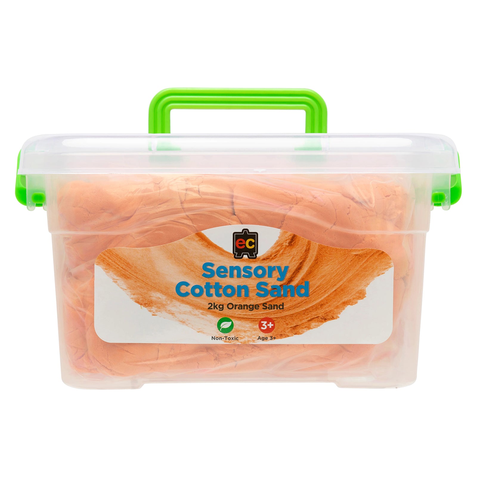 Front facing reusable tub filled with Educational Colours orange sensory cotton sand designed for tactile exploration, fine motor activities, and imaginative learning.