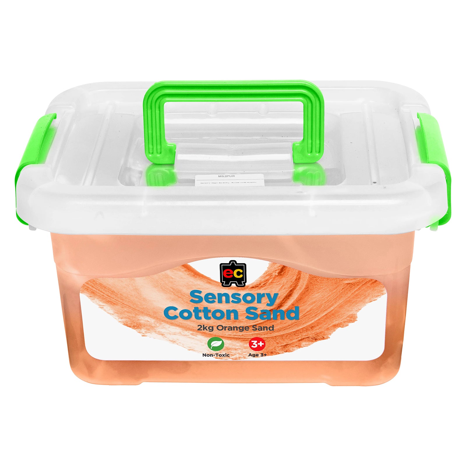 Front view of Educational Colours Sensory Cotton Sand 2kg Orange in a reusable storage tub with secure lid and carry handle for classroom and home sensory activities.
