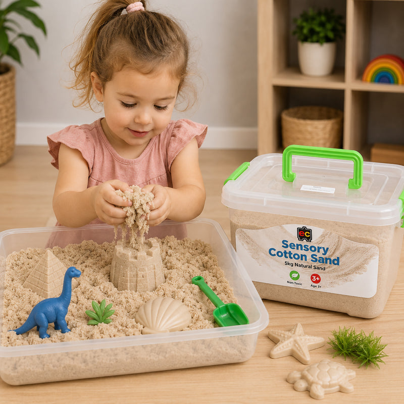 Child playing with natural coloured sensory cotton sand in a sensory tray using moulds and miniature figures beside a reusable 5kg storage container.