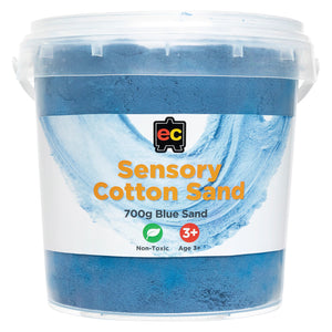 Front view of Educational Colours Sensory Cotton Sand 700g Blue in a reusable plastic tub with secure lid suitable for classroom and home sensory play storage.