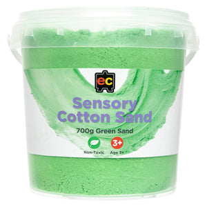 Front view of Educational Colours Sensory Cotton Sand 700g Green in a reusable plastic tub with secure lid ideal for classroom sensory activities and home play storage.