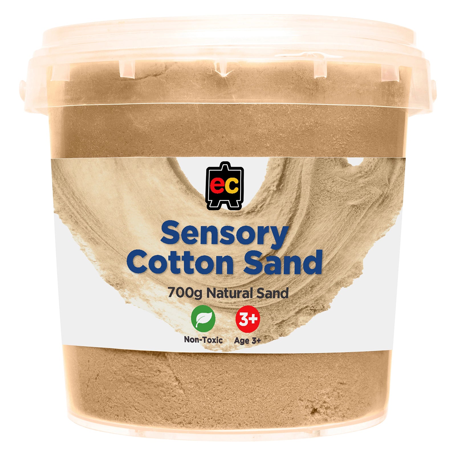 Front view of Educational Colours Sensory Cotton Sand 700g Natural in a reusable storage tub with secure lid suitable for classrooms, childcare centres, and home sensory activities.