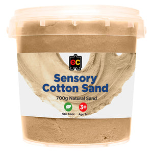 Front view of Educational Colours Sensory Cotton Sand 700g Natural in a reusable storage tub with secure lid suitable for classrooms, childcare centres, and home sensory activities.