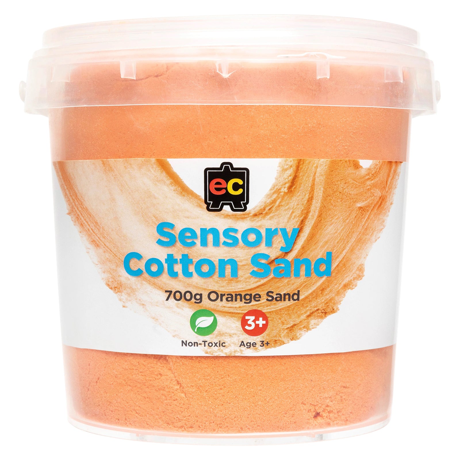 Front view of Educational Colours Sensory Cotton Sand 700g Orange in a reusable storage tub with secure lid suitable for classrooms, childcare centres, and home sensory play.