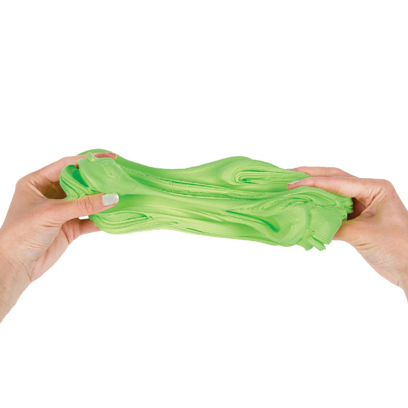 Child stretching bright fluoro green sensory dough with soft fluffy texture designed for tactile sensory play and creative learning activities.