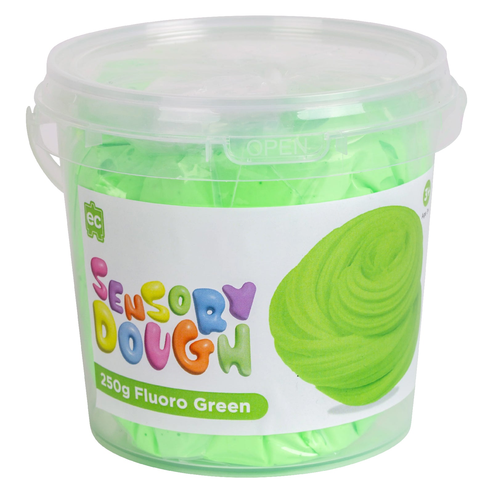Educational Colours Sensory Dough 250g Fluoro Green in reusable clear plastic container showing vibrant green modelling dough for sensory exploration and imaginative play.