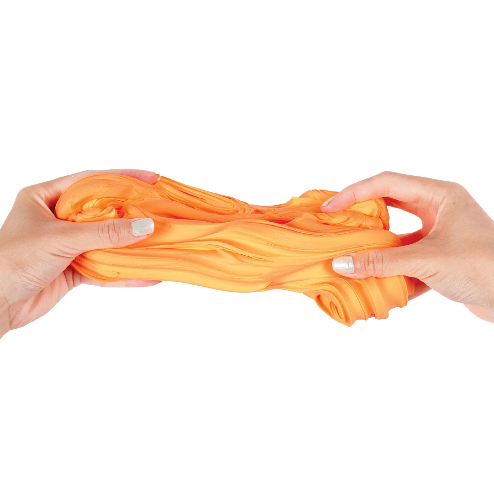 Hands stretching bright fluoro orange sensory dough showing its soft flexible texture designed for tactile sensory play and creative learning activities.