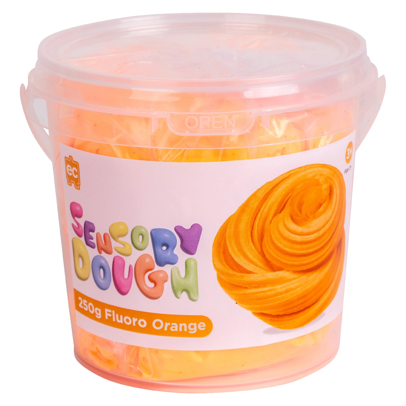 Educational Colours Sensory Dough 250g Fluoro Orange displayed in a reusable clear plastic tub with vibrant orange modelling dough for imaginative sensory exploration.