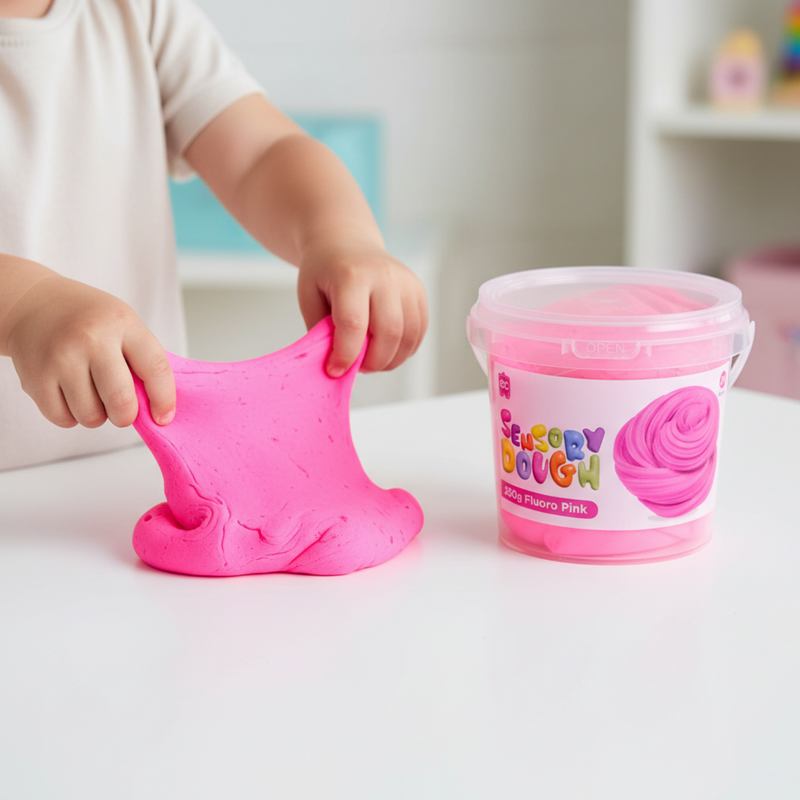 Child stretching bright fluoro pink sensory dough beside the Educational Colours storage tub during a calming tactile play activity.