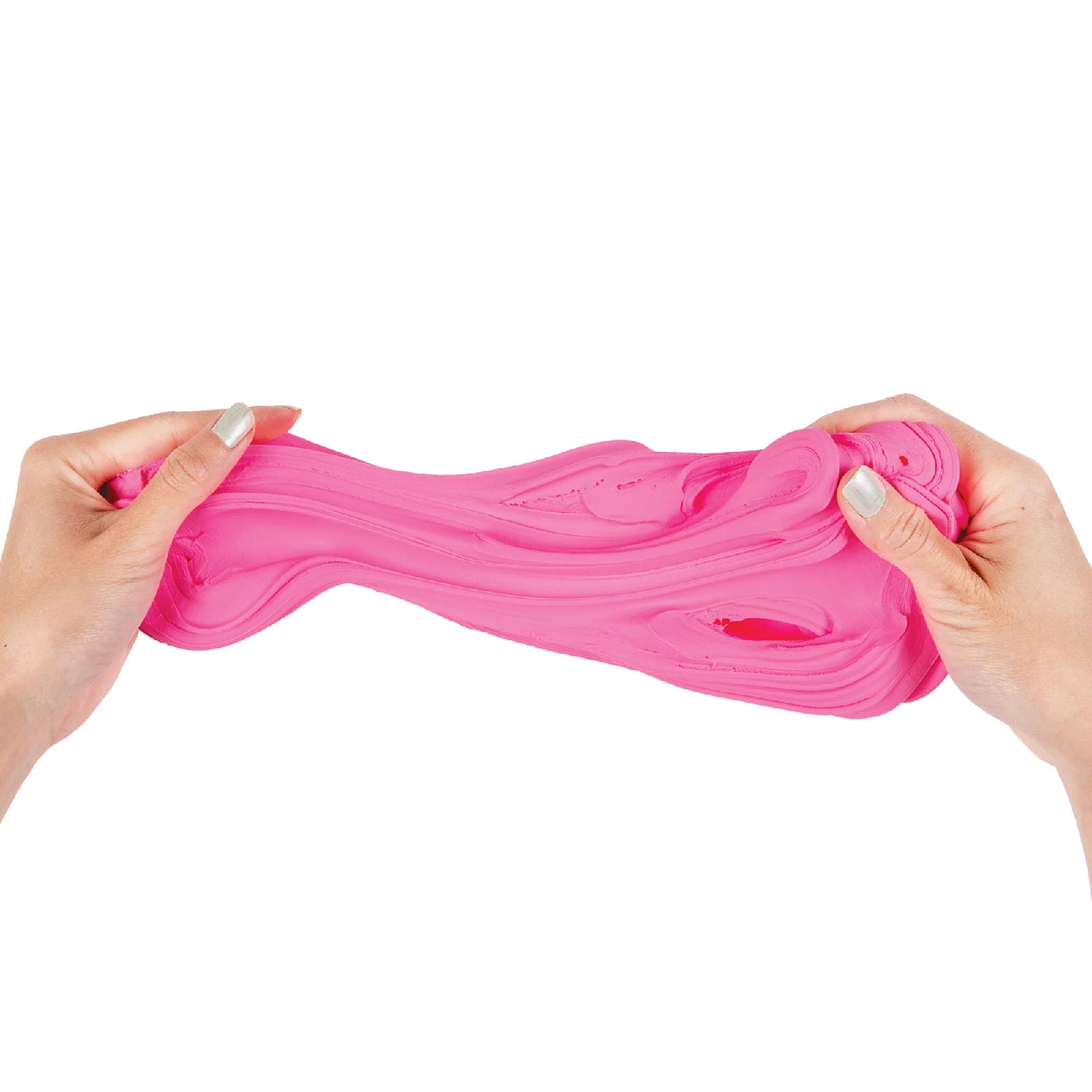Hands stretching bright fluoro pink sensory dough displaying its smooth flexible texture designed for tactile sensory play and creative early learning activities.