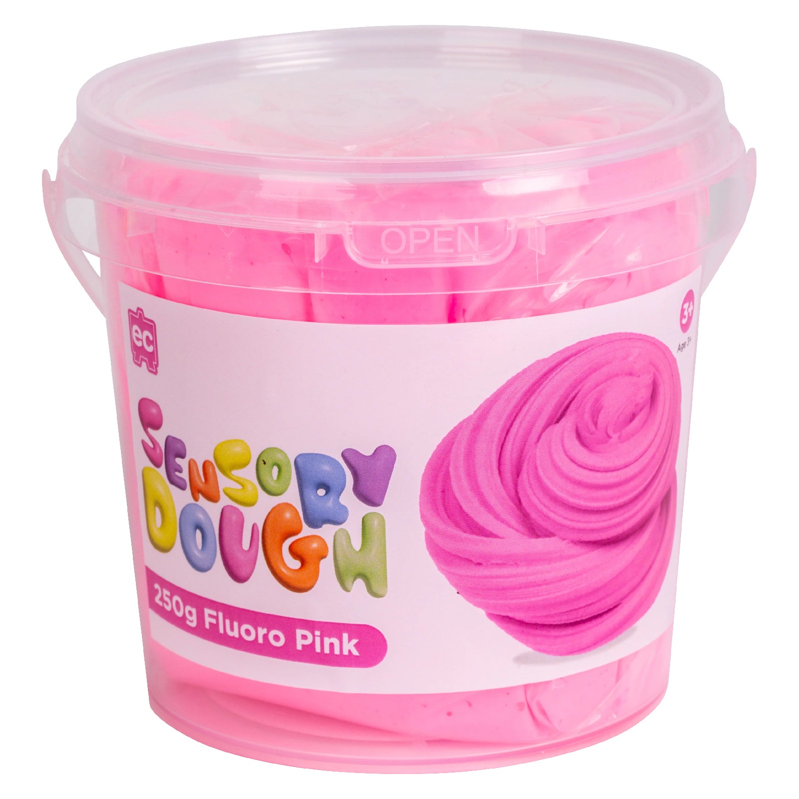 Educational Colours Sensory Dough 250g Fluoro Pink in reusable clear plastic tub featuring vibrant pink modelling dough for imaginative sensory exploration and hands on learning.