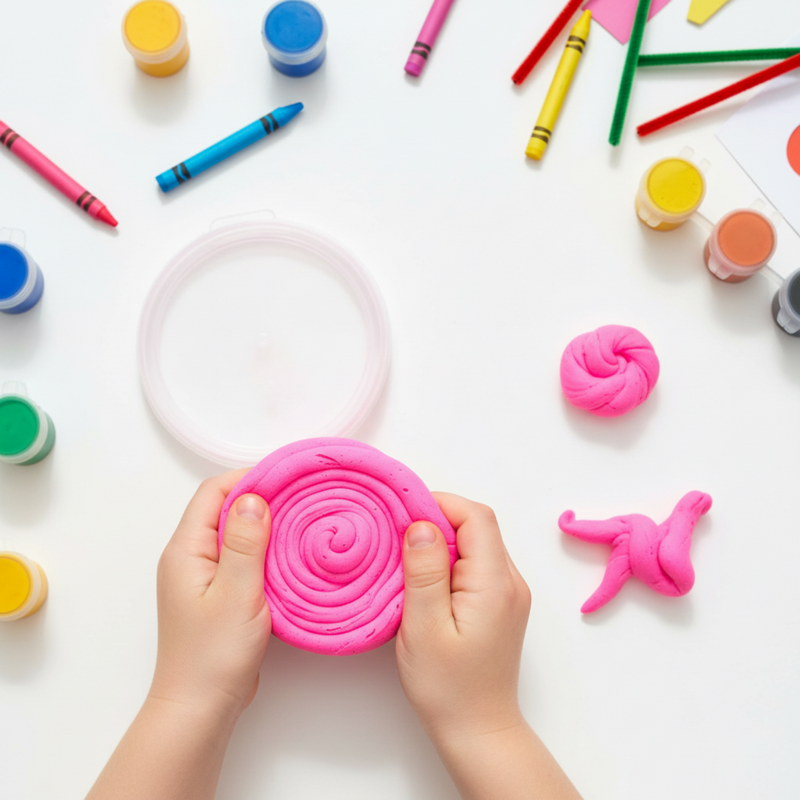 Overhead view of child holding swirled fluoro pink sensory dough surrounded by colourful art supplies and creative learning materials.