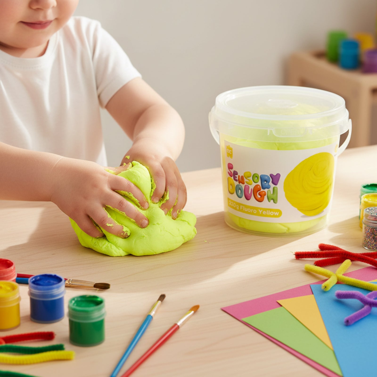Child pressing and stretching bright fluoro yellow sensory dough beside colourful paints and craft materials during creative playtime.