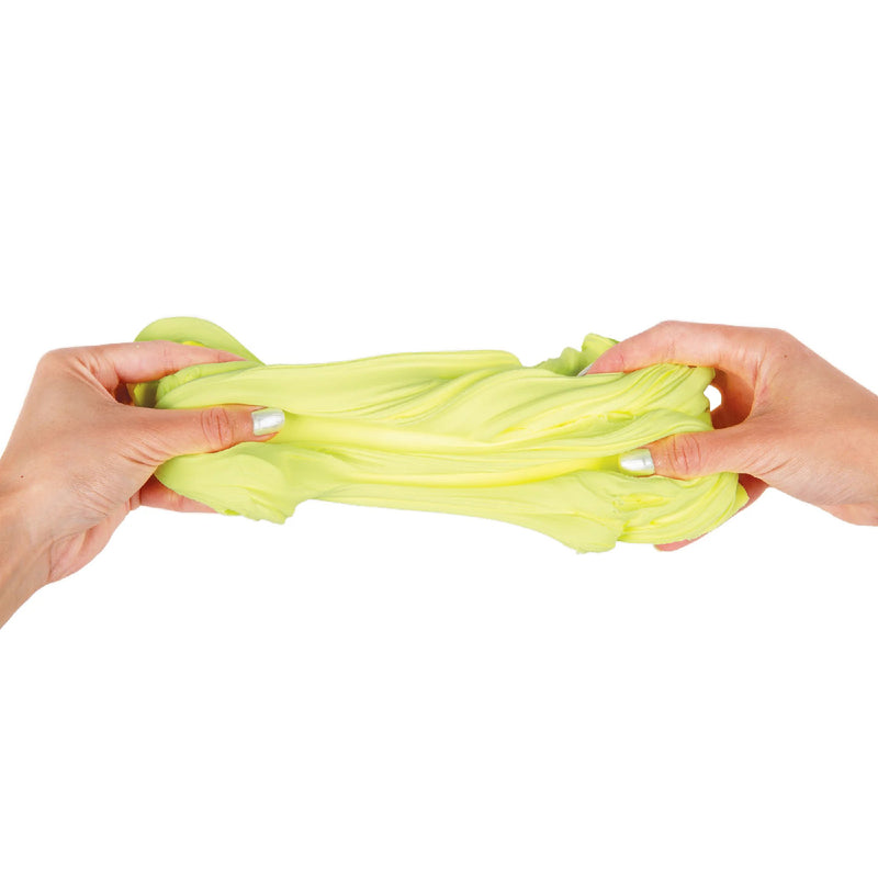 Hands stretching bright fluoro yellow sensory dough showing its soft smooth texture designed for tactile sensory play and creative learning activities.