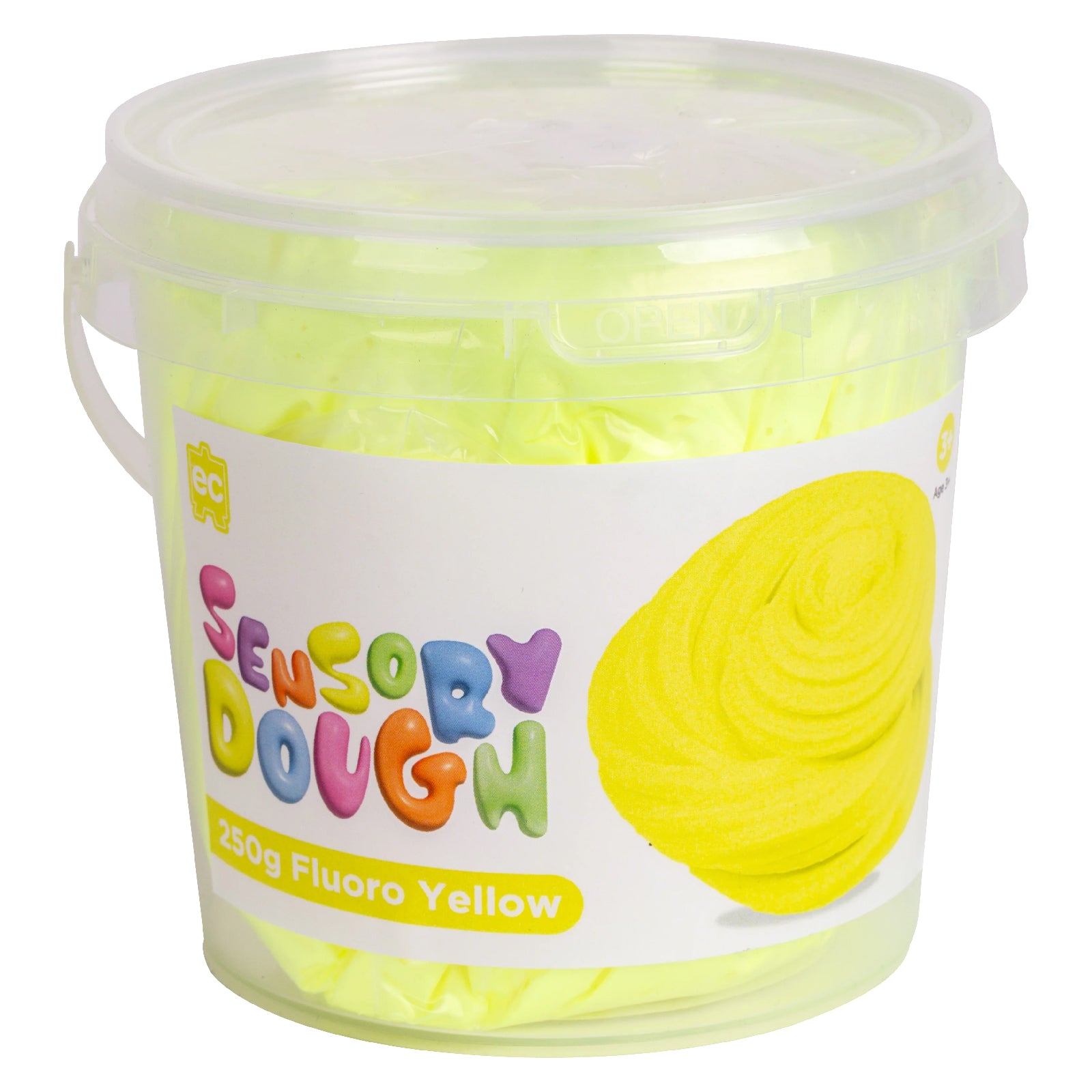 Educational Colours Sensory Dough 250g Fluoro Yellow displayed in reusable clear plastic tub with vibrant yellow modelling dough for imaginative sensory exploration and hands on play.