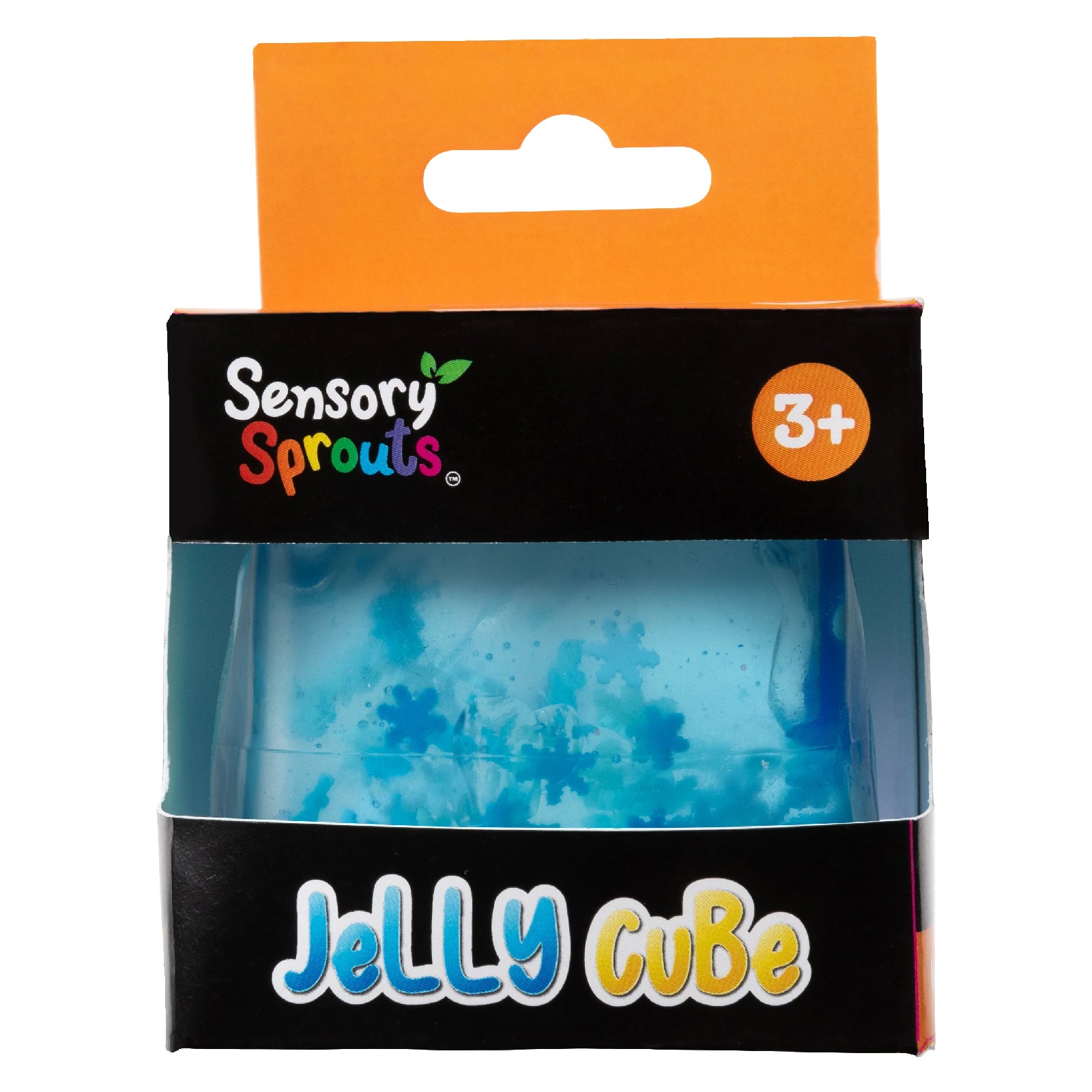 Retail packaging of the Sensory Sprouts Jelly Cube displaying the blue sensory cube inside branded packaging suitable for ages 3 years and over.