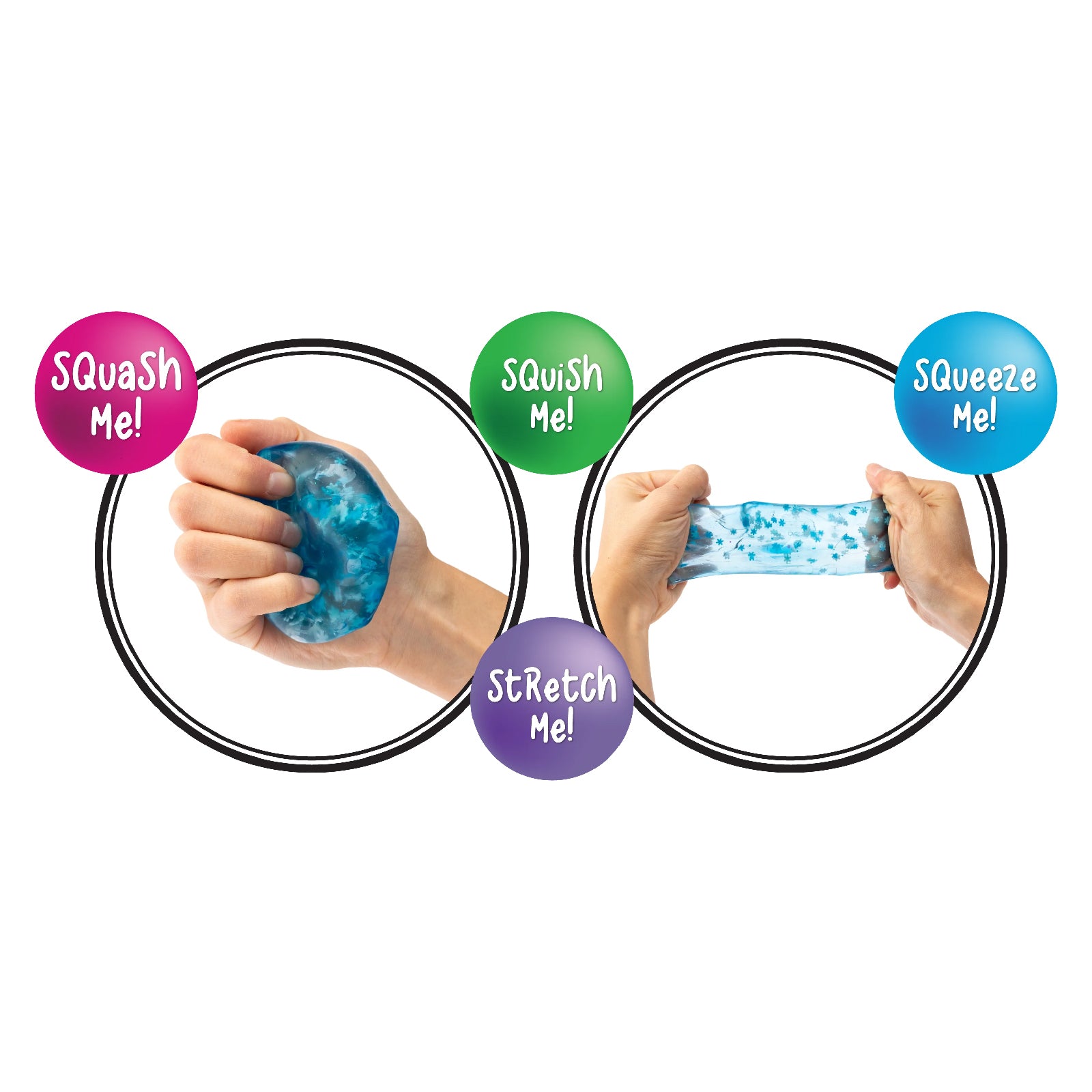 Promotional image showing hands squashing and stretching the blue Sensory Sprouts Jelly Cube with colourful sensory play text highlighting tactile fidget interaction.