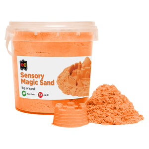 Educational Colours Sensory Magic Sand 1kg Orange displayed in a reusable storage tub beside moulded sandcastle shapes and loose orange sensory sand for creative tactile activities.