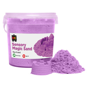 Educational Colours Sensory Magic Sand 1kg Purple shown in a reusable storage tub with moulded purple sandcastle shapes and loose sensory sand for tactile creative play activities.