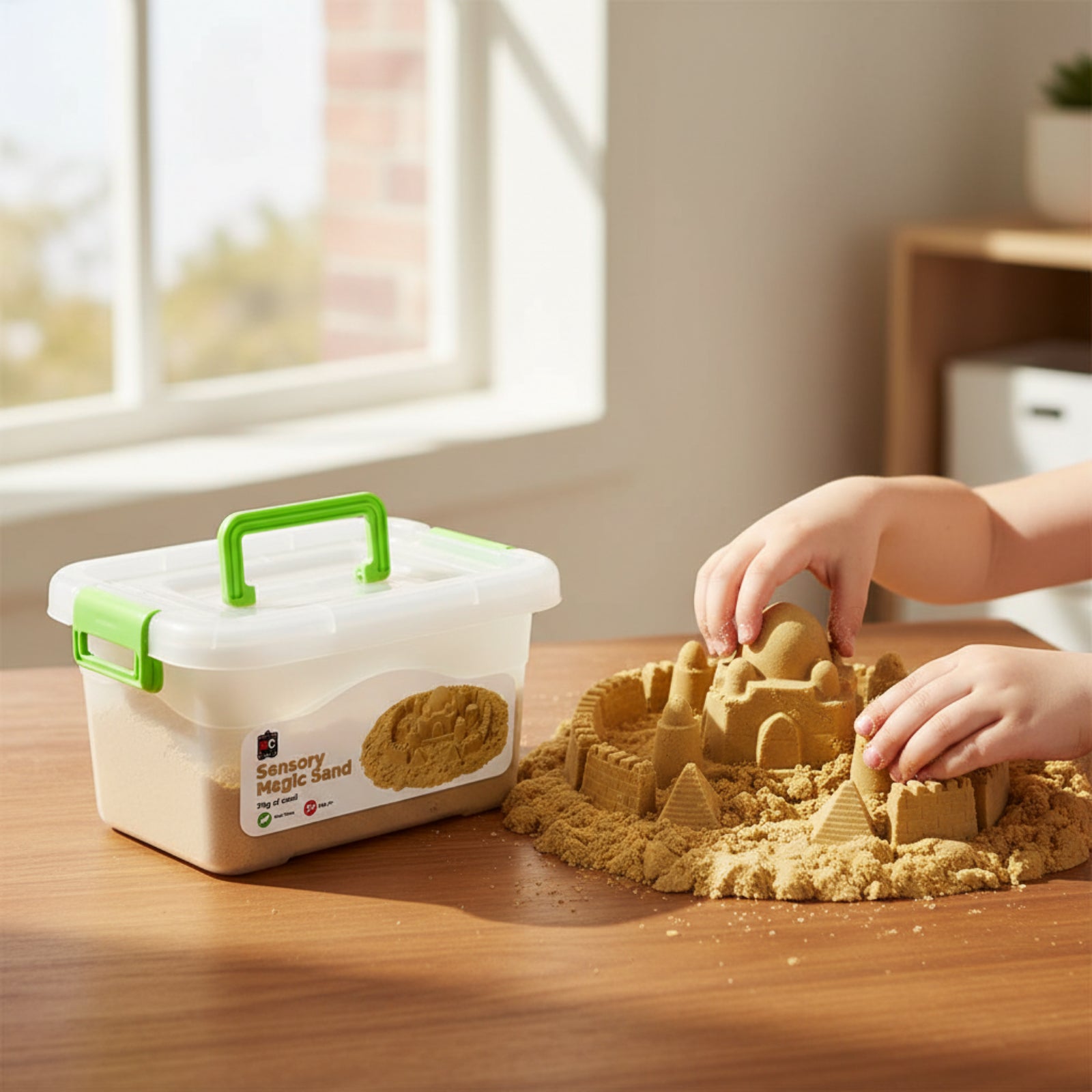 Child using Educational Colours Sensory Magic Sand 5kg Natural to build detailed sandcastle structures on a wooden table beside the large storage container with secure green handle and lid in a bright learning environment.