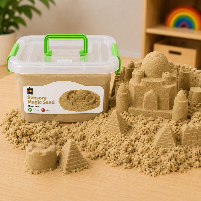 Educational Colours Sensory Magic Sand 5kg Natural displayed beside highly detailed castle and pyramid creations showing the soft mouldable texture and realistic shaping ability of the sensory sand.