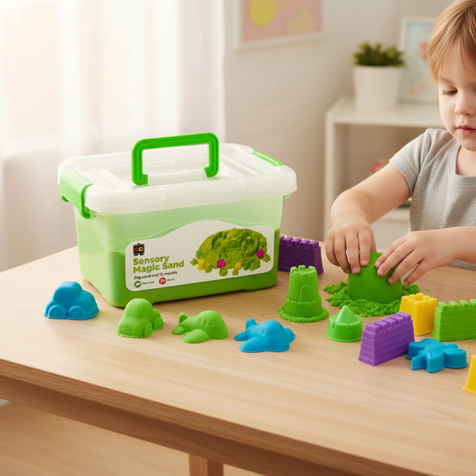 Child using Educational Colours Sensory Magic Sand with Moulds 2kg Green while shaping sand castles and colourful mould creations on wooden table.